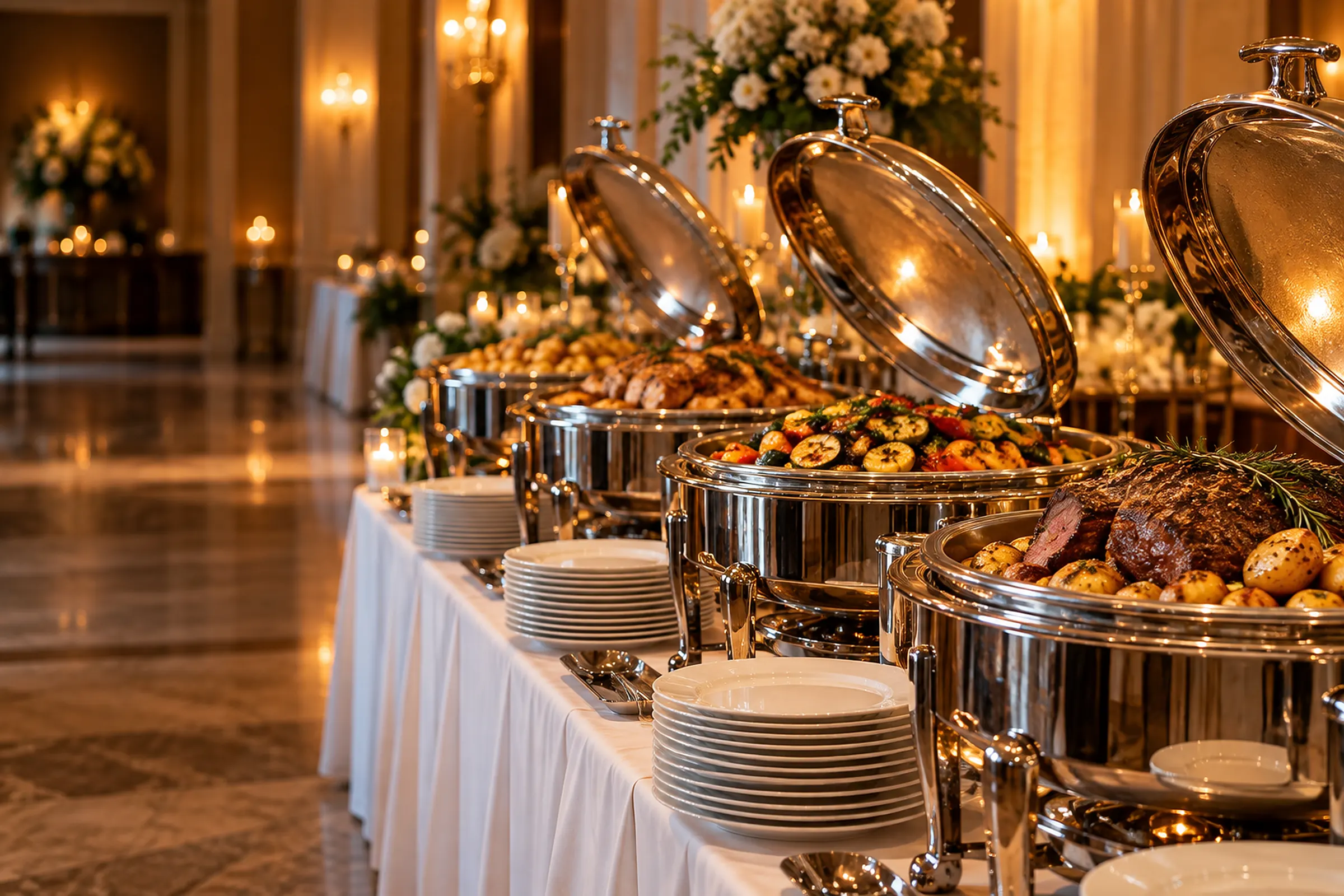 Catering — bufet z podgrzewaczami i daniami Catering — bufet z podgrzewaczami i daniami