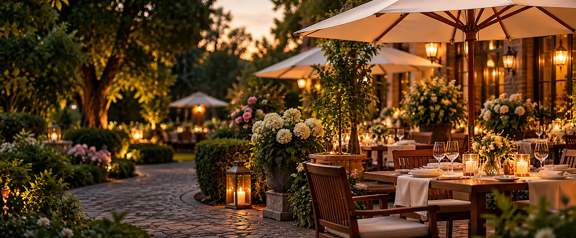 Ogród i taras restauracji wieczorem Ogród i taras restauracji wieczorem